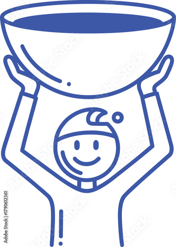 Cute Line Art Vector Icon of a Happy Stick Figure or Character Wearing a Nightcap and Joyfully Holding Up a Large Serving or Mixing Bowl