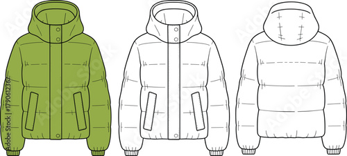 Green puffer jacket sketch, front and back view, hooded winter coat design, technical fashion illustration, quilted outerwear template