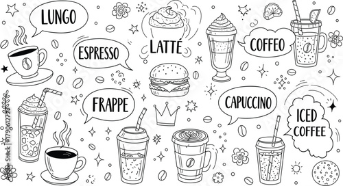 Hand Drawn Doodle Vector Set of Various Coffee Drinks, Types, and Cafe Elements Including Espresso, Latte, Frappe, Iced Coffee, and Speech Bubbles