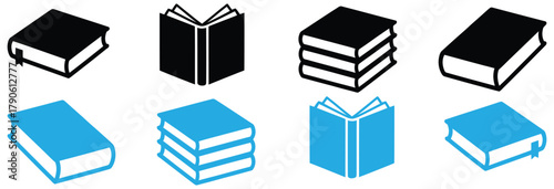 Set of book icons. Vector illustration,Study books open and closed in black and blue for learning and knowledge,Book icon set. open book icon vector. ebook icon