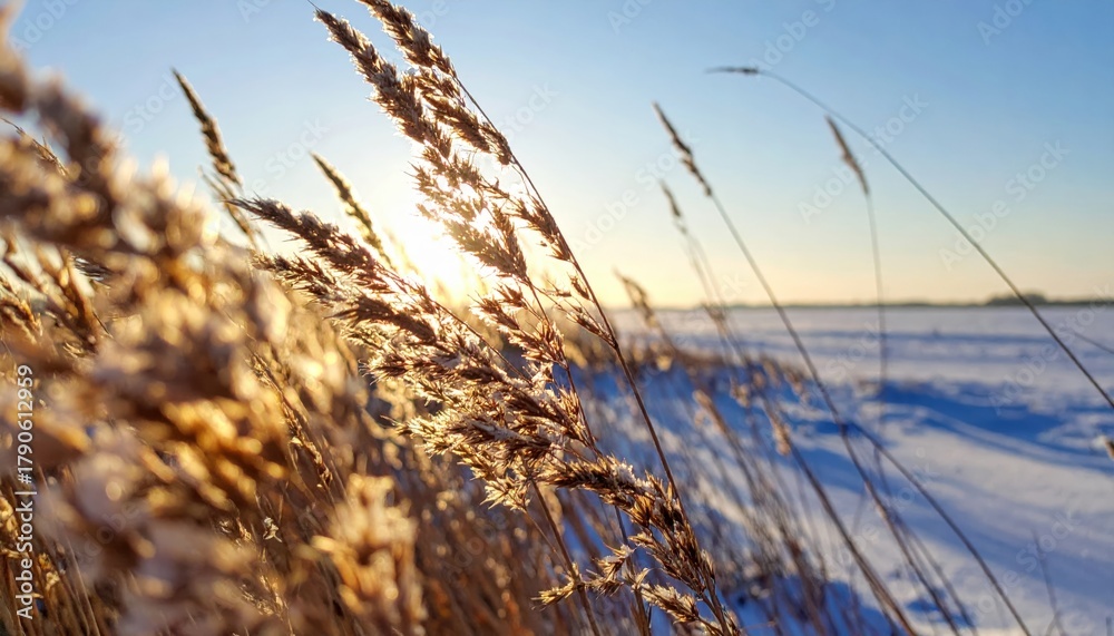 Fototapeta premium Close-up of dry grass in a snowy field with bright sun