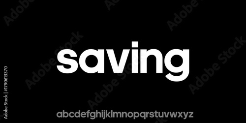 Saving text logo on black background with alphabet below simple and clean design.