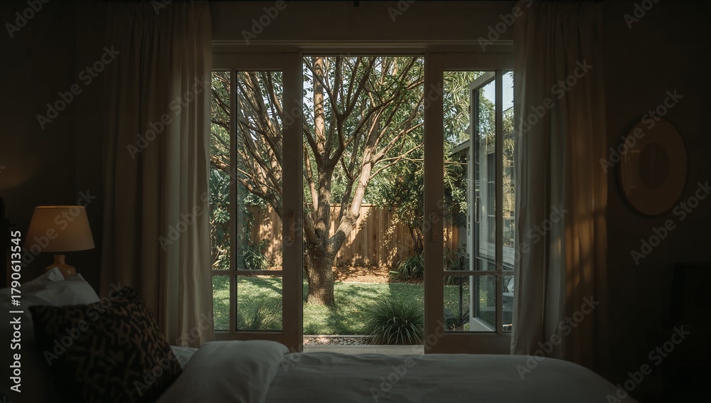 Obraz premium Bedroom view with sunlight behind trees in the garden