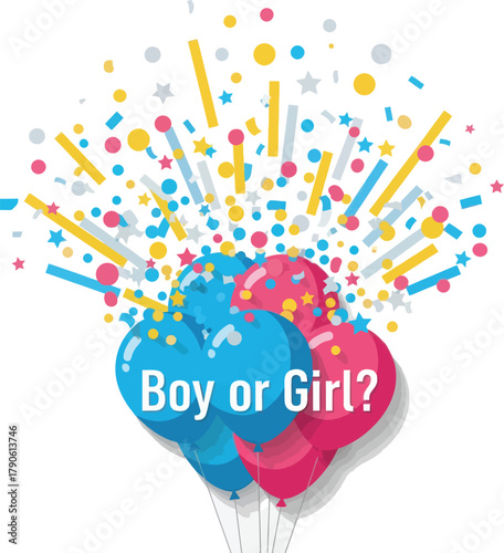 Exciting gender reveal celebration bursts with blue and pink balloons and vibrant confetti announcing 'Boy or Girl?'