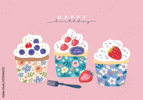 Happy Birthday greeting cards with lovely cupcakes.

