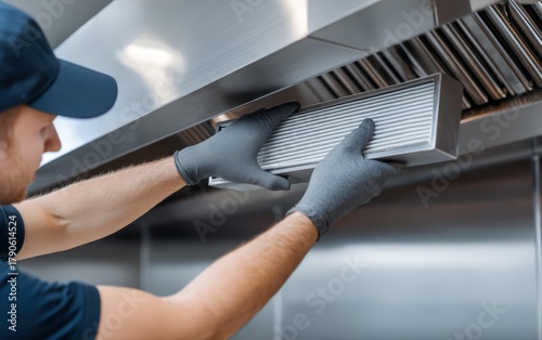 Gloved Hands of a Technician Removing a Filter in Soft Light Inside a Kitchen Hood System for Maintenance Inspection