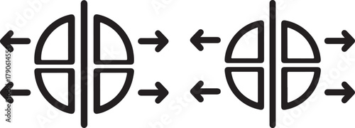 Black circular shapes with arrows pointing outwards and inwards abstract direction
