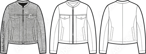 Jacket technical fashion sketch, front and back view, zipper closure, chest pockets, collar detail, garment design, apparel illustration, construction