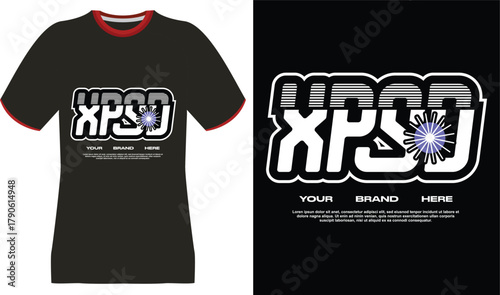 Black T-Shirt Design with Bold White "XPSJ" Logo and Brand Placeholder