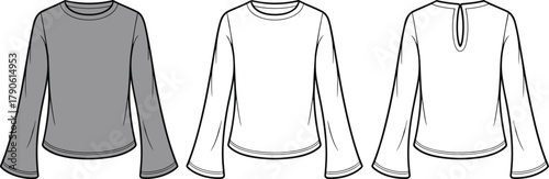 Long sleeve top fashion sketch, flared sleeves, keyhole back, technical illustration, garment design, apparel construction, front and back view