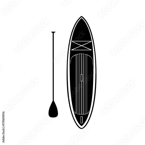 Stand up paddleboard and paddle representing water sports, outdoor fitness, and summer recreation.
