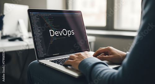 DevOps concept with software development and IT operations integration, automation, continuous deployment and cloud computing technology background
