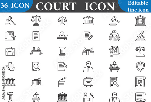 Court icon set with editable line icon