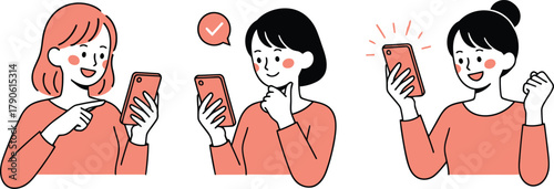 Happy Women Using Smartphone Vector Set: Successful Mobile App Notification, E-commerce, Good News and Digital Communication Concept