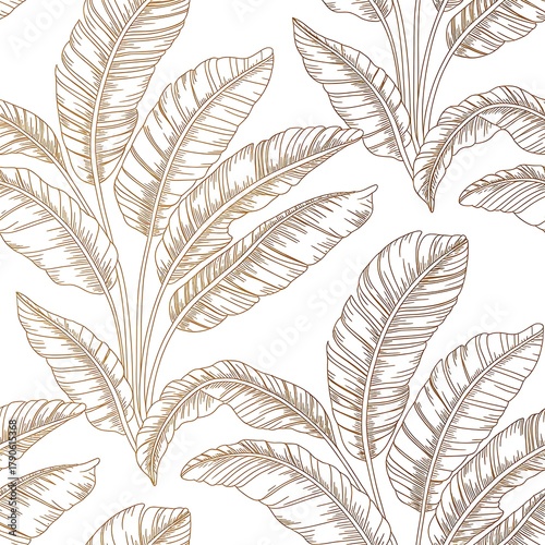 Tropical leaf Wallpaper, Luxury nature leaves pattern design, Golden banana leaf line arts, Hand drawn outline design for fabric , print, cover, banner and invitation, Vector illustration.