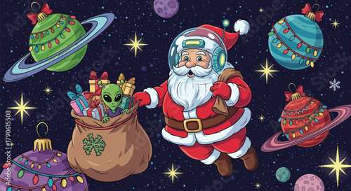 Santa Claus in astronaut gear shares gifts with a friendly alien amidst a cosmic Christmas scene with planetary ornaments and twinkling stars.