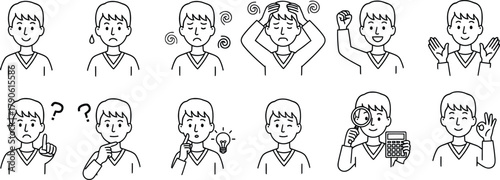 Line Art Boy Facial Expressions Set: Vector Collection of Emotions, Moods, and Gestures – Happy, Sad, Angry, Confused, Idea, Thinking, Cheering