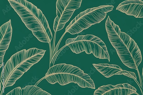Tropical leaf Wallpaper, Luxury nature leaves pattern design, Golden banana leaf line arts, Hand drawn outline design for fabric , print, cover, banner and invitation, Vector illustration.
