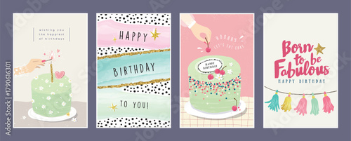 Set of lovely birthday cards design with cakes, party decorations and typography design.

