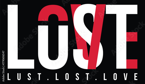 Fotografía Bold Typography: LUST Transformed into LOVE with a Red Slash on Black Backgr