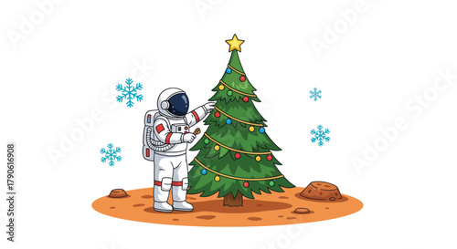 Whimsical astronaut decorating a festive Christmas tree on an alien planet with falling snowflakes creating a charming holiday scene