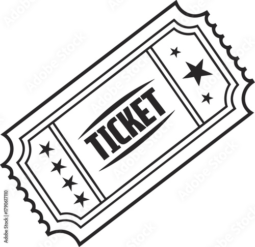 Simple black silhouette of a ticket icon on a white backdrop