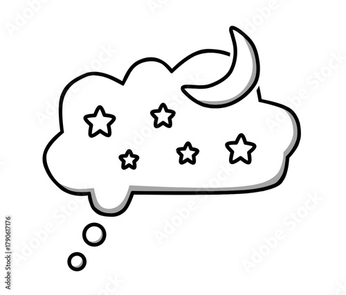 A simple line art illustration of a dreamy cloud with star and moon elements featuring minimal shading to maintain a clean and gentle look, designed as a versatile graphic element for creative project