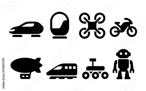 Futuristic transport icons: trains, drones, and robots