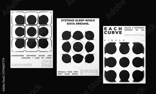 Set of Abstract posters featuring liquid glass distortion and smooth refraction effects. A futuristic composition blending typography, reflection, and optical illusion