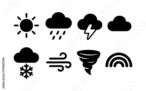 Weather icon set: minimalist black silhouette designs of sun, clouds, storms, and more