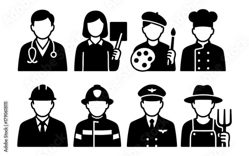Profession icons silhouette set featuring diverse career roles and occupations
