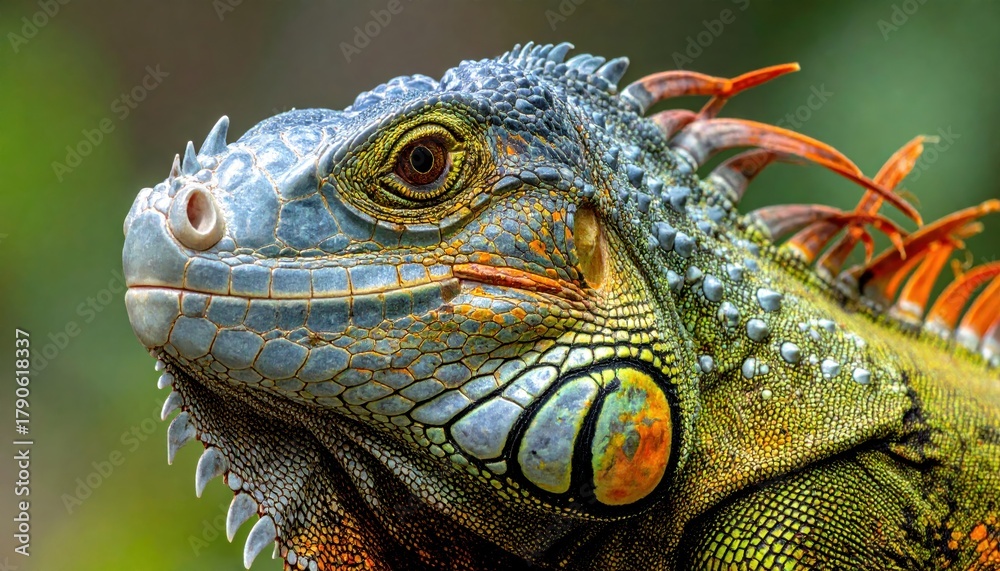 Obraz premium Colorful iguana head profile with vibrant blue and orange scales