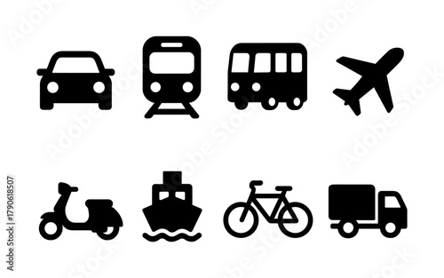 Simple black icons of transportation modes including car, train, and plane