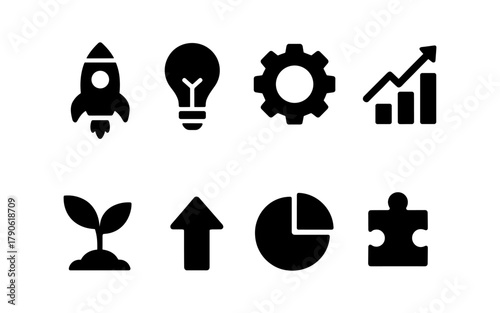 Set of business and innovation icons in silhouette style