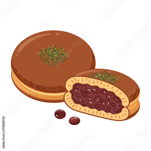 A clean vector illustration of a Japanese Dorayaki, showing one whole pastry and one half revealing a sweet red bean paste (anko) filling, garnished with green powder