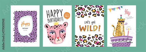 Set of birthday greeting cards with leopards, cake and leopard's pattern texture.

