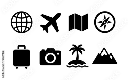 Travel icons set: globe, airplane, map, compass, suitcase, camera, palm tree, mountains
