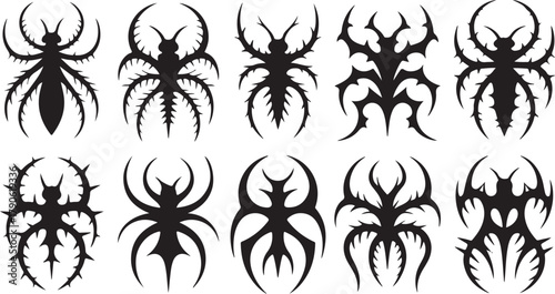Ten black tribal insect designs on white background