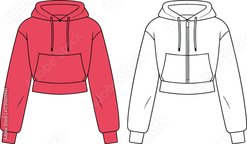 Red cropped hoodie sketch, front and back view, fashion illustration, sweatshirt design template, technical apparel drawing, casual streetwear concept