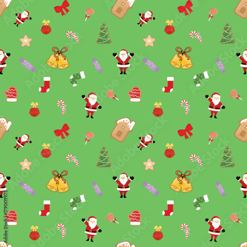 Mint green Christmas seamless pattern. Features festive icons like Santa Claus, gingerbread house, bells, Christmas trees, and stockings. Great for holiday design
