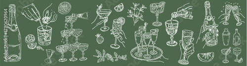 Hand-drawn doodle sketches of cocktails, champagne, and celebration drinks