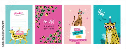 Set of birthday greeting cards with leopards, cake and leopard's pattern texture.

