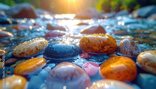 Close-up of wet river rocks in a calm stream at sunset