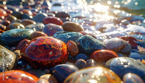 Fototapeta Naklejka Na Ścianę i Meble -  Colorful wet pebbles on a beach with sparkling sunlight on the water