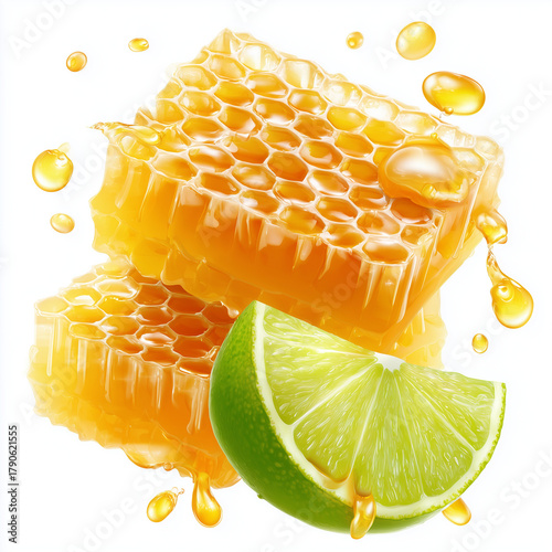 Honeycomb and Lime: Close-up of golden honeycomb with delicious lime slice, droplets of honey cascading, symbolizing the refreshing sweetness. 