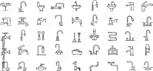 Detailed plumbing icon set with faucets, taps, and water fixtures. Professional minimal line vector for utility, maintenance, and service concepts.