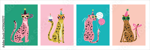Fun party leopards with presents and cakes vector illustration.

