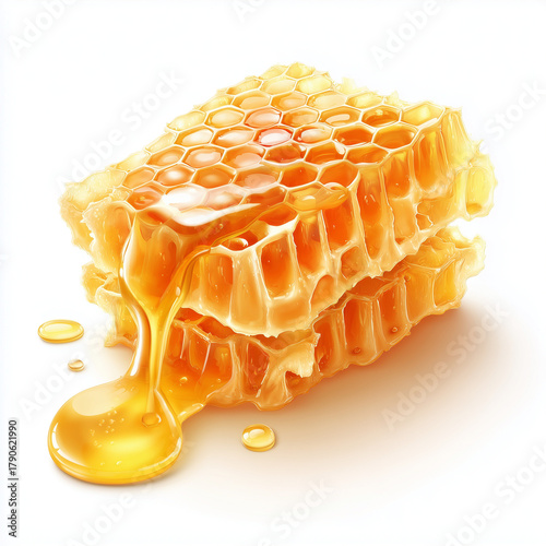 Golden Honeycomb: An appetizing view, capturing the delicate beauty of a honeycomb filled with golden, natural honey, the scene exudes a sense of sweetness and pure delight. 