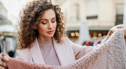 Woman examining a knitted sweater outdoors in an urban setting