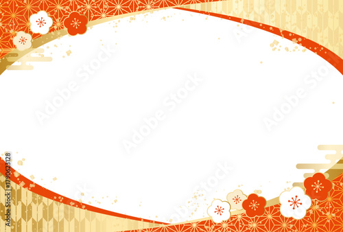 高級感のある 和柄 梅 曲線フレーム 背景 正月 新年 年賀状 2026年